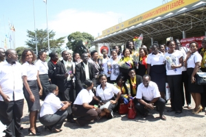 Netball team poses for a group photo with sponsors NIC shortly after arriving at Entebbe Airport.