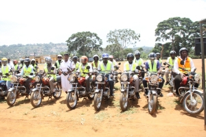 Boda Boda riders with OC Traffic Mable Asingirwe at the Works Grounds.