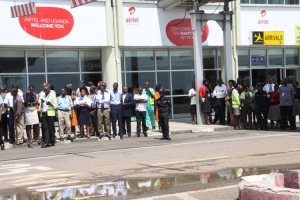 Entebbe Airport staff in somber mood.