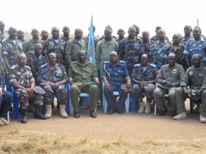 Gen. Aronda Nyakayirima with Airforce officers at Entebbe Military Base
