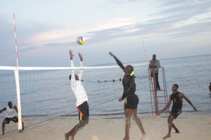Isaac Omendo blocks Nicholas Dheyongera in the final set.