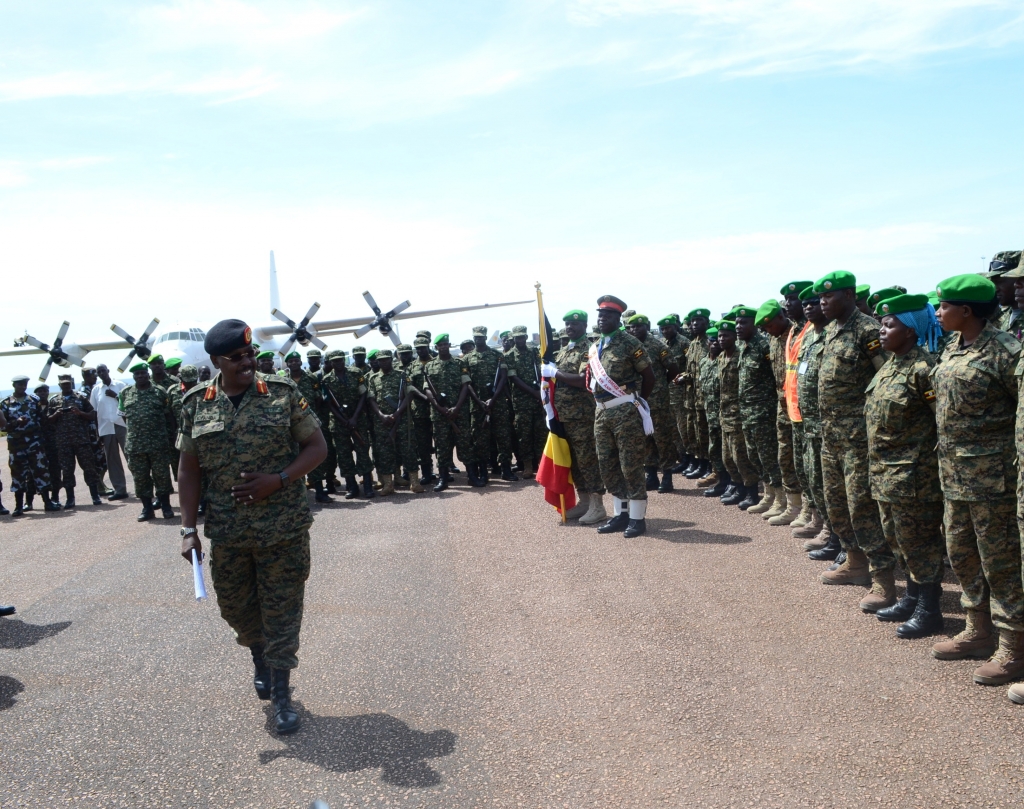 Brig Leopold Kyanda addressing the UPDF contingent to Somalia.