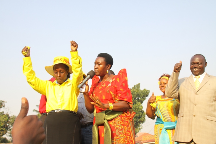 Incumbent Wakiso Woman MP Seninde Woos Entebbe For Votes. Rose Sseninde (middle) addressing a campaign rally on Friday with Rose Tumusiime (L) and Jonah Nsubuga (R).