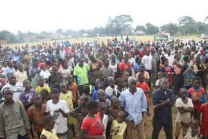 Supporters listening to Simon Kaggwa Njala at the campaign rally.