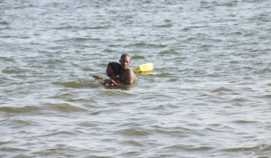 Couple romping in lake.