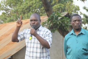 Entebbe Municipality DP Chairman Senoga Mivule sounding warning to the Army on Saturday in Lugonjo. Outgoing Busiro South MP Joseph Balikuddembe looks on.