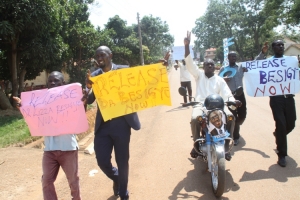 FDC Mayoral Aspirant Kasozi (2nd from left) and Gitta Alex (2nd from right) leading a procession around Entebbe.