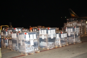 Pallets containing ballot papers after being offloaded from the ET Cargo flight.