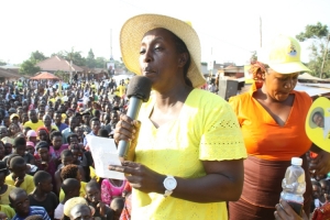 Rose Tumusiime delivers her campaign message at a rally in Lugonjo. 