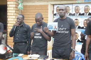 Former Entebbe Municipality member of parliament Gitta Alex (with microphone), John Mugabi (C) and former Mayoral Aspirant Miiro Kasozi during the prayer meeting. 