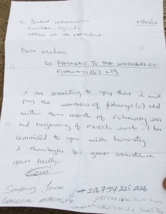 The letter that Safaraz drafted promising to pay the workers.