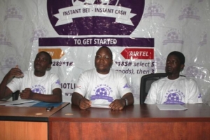 Kagwirawo Sports Betting Top Boss Innocent Nahabwe(C) With Manager Yona Mutawe Addressing Media