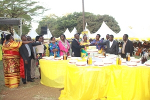 Several MP's join Hon. Tumusiime in cutting a cake.