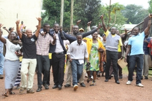 The Five NRM Youth leaders celebrating at the Entebbe Magistrates Court after being granted bail.