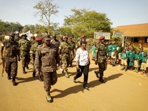 Hon. Rose Tumusiime (middle) led the soldiers in a march around Entebbe Municipality.