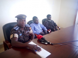 UPDAF Spokesperson Capt. Arthur Timbaganya with Peter Ochora and Bosco Kilama addressing the press.