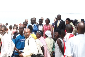 MP Tumusiime and Hon. Ogama Alli addressing the Lugbara fishermen at the Bugonga Landing Site.