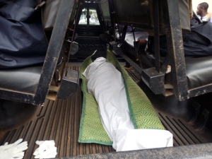 Nampala Sarah's body on a Police truck. It was taken to Mulago Hospital for a postmortem.