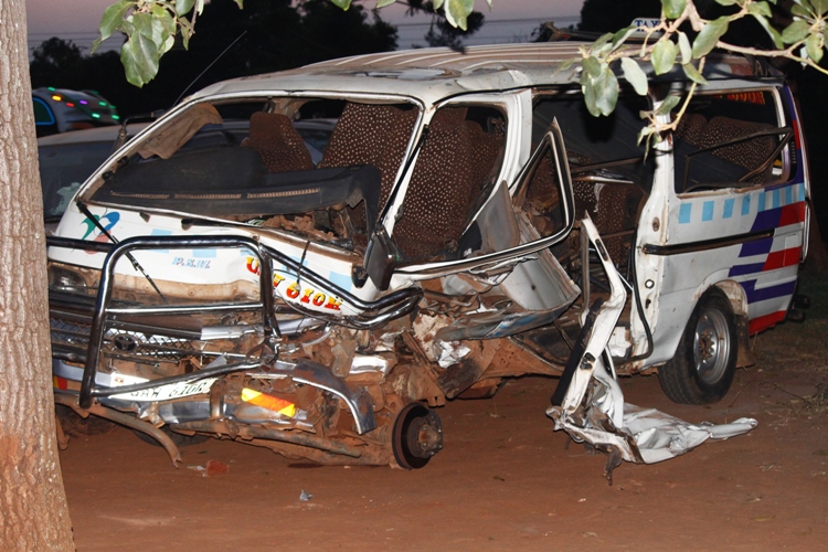 Scores Injured In Nasty Akright Stage Accident In Namulanda. Smashed Taxi parked at Kisubi Police Post.