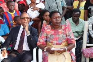 Minister Sseninde and Peter Ssematimba during the community security meeting that was held in Nkumba Central on Wednesday.