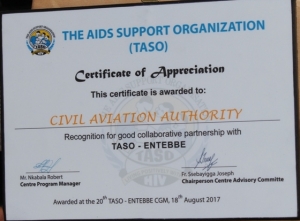 TASO Entebbe awarded CAA with a certifcate of Appreciation.