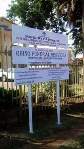 Entebbe Hospital sign post with Rhino Funeral Services advertisement sparked countrywide outrage.