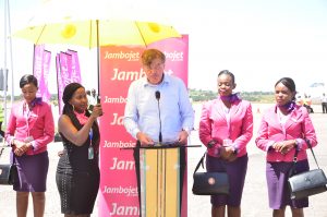 Jambojet CEO, Willem Hondius while delivering a speech at the launch of the Airline at Entebbe International Airport.