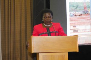 Works Minister Hon. Monica Ntege addressing the stakeholders.