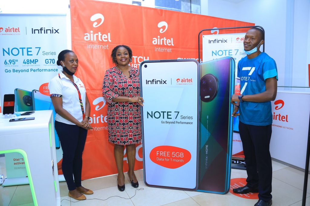 L-R Faith Bugonzi from Airtel Uganda with Remmie Kisakye (middle) Head of Brand and Communication and Derrick Katongole Branch Brand Manager Infinix Uganda