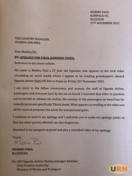 Paul Mubiru apologising for selling Nsenene on Board