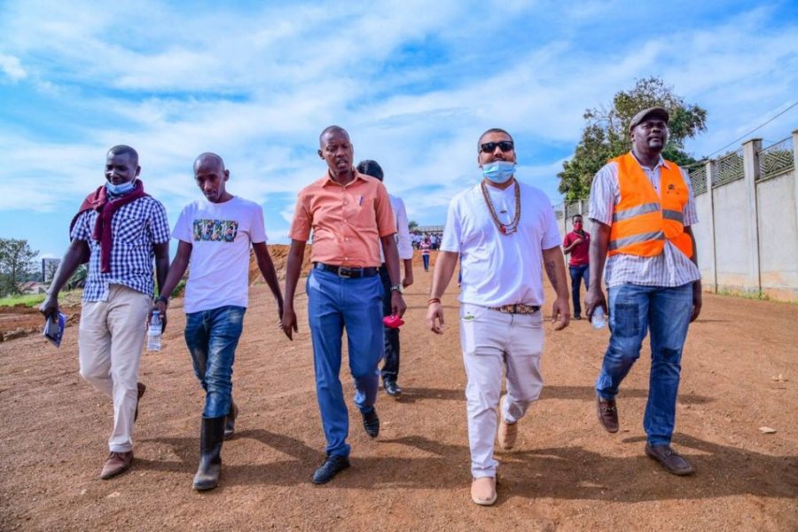 Rajiv Ruparelia (in white) and other officials take a tour at the Speke Resort Entebbe Project in Kitubulu on Friday