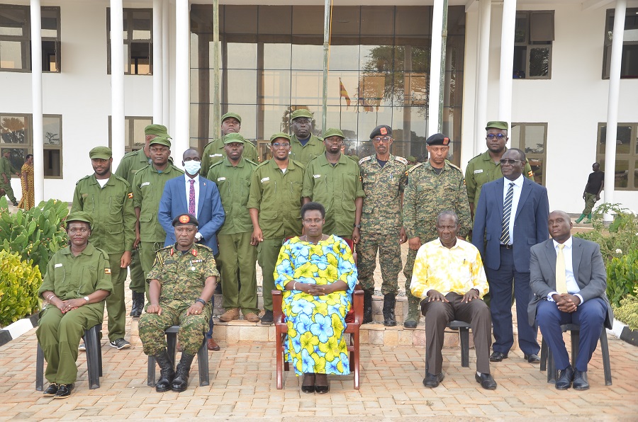Patricia Ojangole (L), Managing Director UDB the Vice President of Uganda H.E Maj. (RTD) Jessica Alupo at the graduation of UDB staff who underwent a one-week training in transformative leadership at the National Leadership Institute (NALI) - Kyankwanzi, together with Felix Okoboi (R) Chairman Board of Directors at UDB, and Hon. Matia Kasaijja(2nd R) Minister of Finance of Uganda, NALI, and UDB officials. The event was held yesterday (31st January 2023) in Kyankwanzi.
