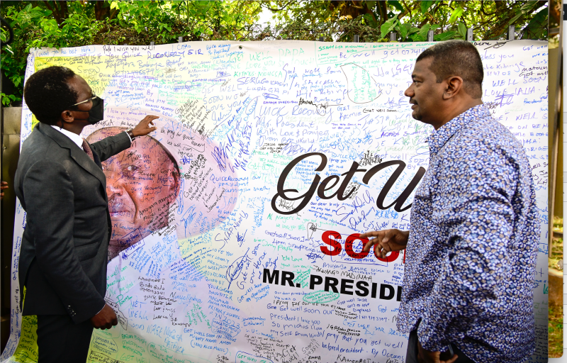 Omona and Uhuru welcomed supporters of the president wishing him a quick recovery